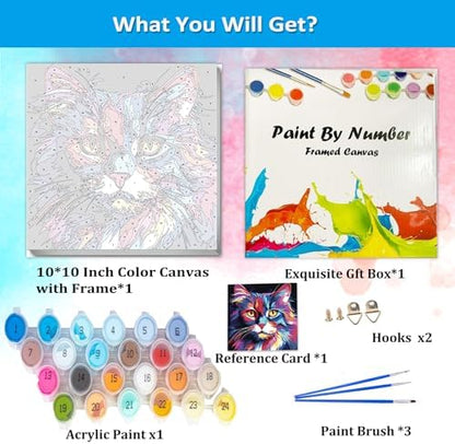 Artunion Framed Paint by Numbers Kit for Adults Beginners & Kids Ages 8-12,Colorful Cat Paint by Number with Frame,Easy Acrylic Paint by Numbers Kit on Canvas 10 * 10 Inch Without Easel - Image 4