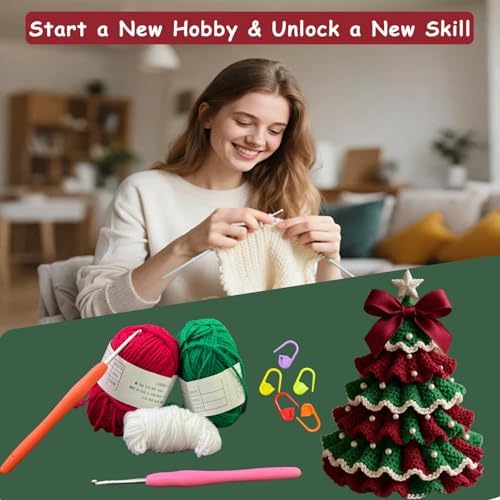 PMDYBY DIY Crochet Christmas Tree Kit,2026 News Crochet Christmas Ornaments,Beginner Christmas Kit,Tree Bow Pearl Embellishment,ChristmasCraftKit with Yarn Hook Beads Instructions(Red & Green) - Image 4