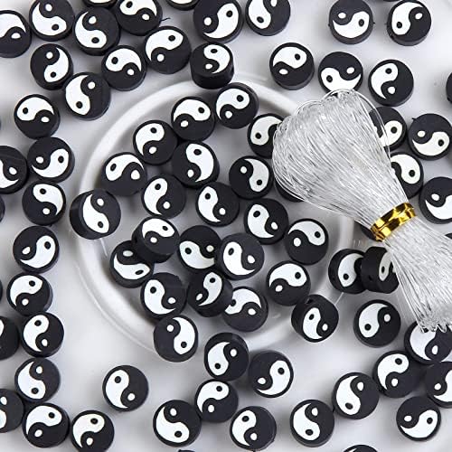 100pcs Black Yin Yang Polymer Clay Spacer Beads for Women Jewelry Making DIY Bracelet Necklace Hair Clip Accessories (Black Yin Yang) by LUBINGSHINE