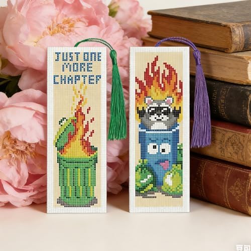 INFUNLY 6 Pcs Funny Trash Can Cross Stitch Bookmark Kit Raccoon Quotes Counted Embroidery Book Mark with Tassels, Complete DIY Cross Stitch Kit Thread Needles Scissors for Reading Gifts - Image 2