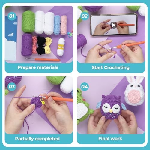 YESJOLI Crochet Animals kit for Beginners,Crochet Knitting kit Crafts for Adult Women DIY with Step-by-Step Video,Easy Learn tutorials to Crochet Kits,Yarns,Hook,Accessories (White Rabbit Frog owl) - Image 5