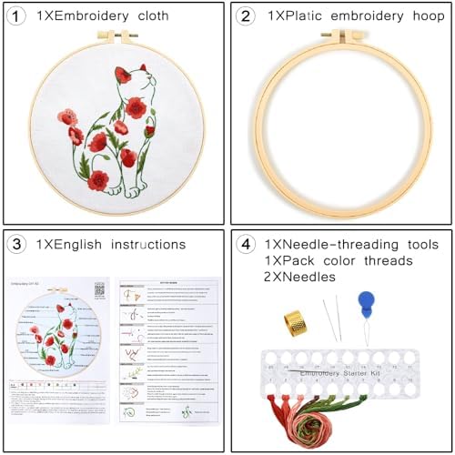 Crafmanoe Cat Embroidery Kits for Beginners Adults, Flowers Embroidery Starter Kits, Counted Cross Stitch Kits for Beginners Adults Hobbies Set for Women, Embroidery Hoops, Thread and Video Tutorial - Image 6