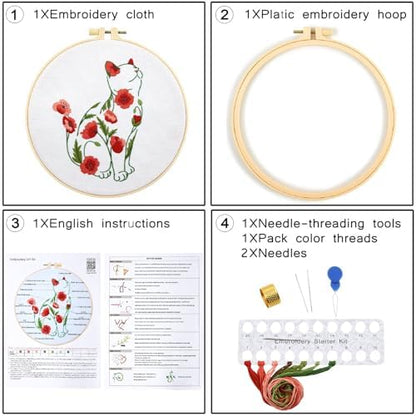 Crafmanoe Cat Embroidery Kits for Beginners Adults, Flowers Embroidery Starter Kits, Counted Cross Stitch Kits for Beginners Adults Hobbies Set for Women, Embroidery Hoops, Thread and Video Tutorial - Image 6