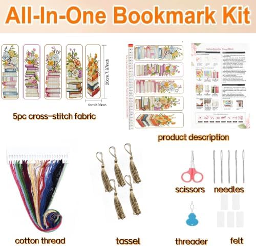 5PC Book Flowers Counted Cross Stitch Bookmark Kit for Adults Beginners - Image 3
