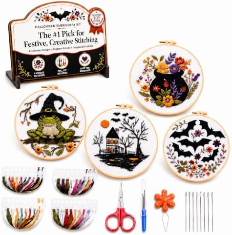 vadeny Halloween Embroidery Cross Stitch Kit for Beginners Adults Gothic Needlepoint DIY Craft Frog Haunted House Cauldron Bat Pattern 4 Set Sewing Hanging Decor with Needles Threads by Unknown