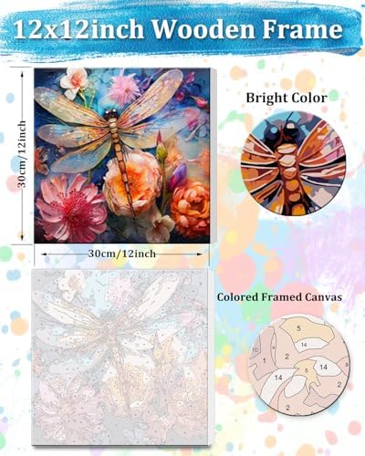 TOCARE Framed Paint by Numbers Kit for Adults Beginners,12x12inch Dragonfly Paint by Number with Frame,Flowers Paint by Numbers Framed Canvas(Without Easel) - Image 2