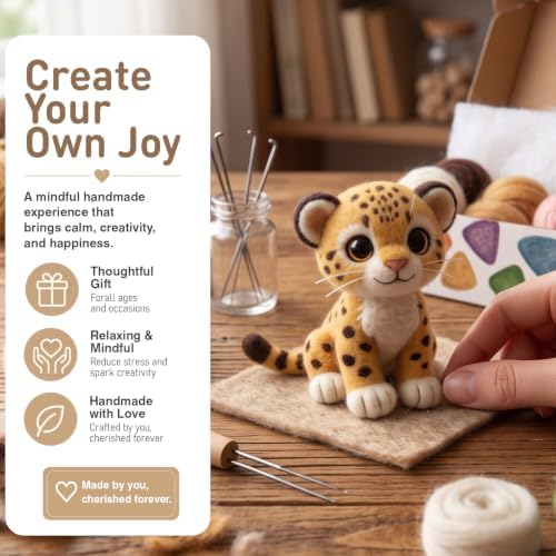 FACE N FACE DIY Needle Felting Kit Cute Cheetah Cub – Needle Felting Starter Kit with Fiber Roving, Needles, Felting Pad & Instructions | Felted Wild Animal Kit for Beginners Adults | DIY Craft Gift - Image 2
