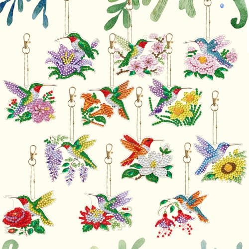 LAKEQUILL Hummingbird Garden 12 Pcs 5D Diamond Painting Keychain Kit - Image 4