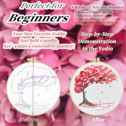 FONNUY Crewel Embroidery Kit for Beginners, Seasonal Tree Pre-Stamped Pattern Kits for Adults with Hoop, Easy to Follow Color Thread Needlework, 8'' (Pink) - Image 4