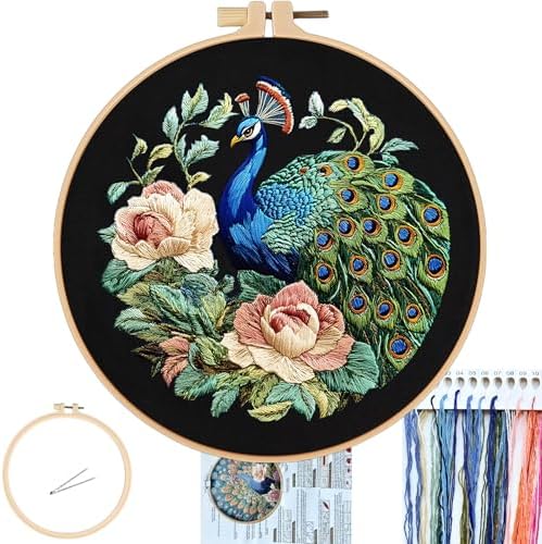 FONNUY Peacock Floral Embroidery Kit, Cross Stitch Kits, Handmade Crafts with Printed Patterns for Beginner Adults, Easy to Follow Color Thread Needlework, 8'' Hoop (Graceful Dancer) by FONNUY