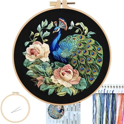 FONNUY Peacock Floral Embroidery Kit, Cross Stitch Kits, Handmade Crafts with Printed Patterns for Beginner Adults, Easy to Follow Color Thread Needlework, 8'' Hoop (Graceful Dancer) by FONNUY