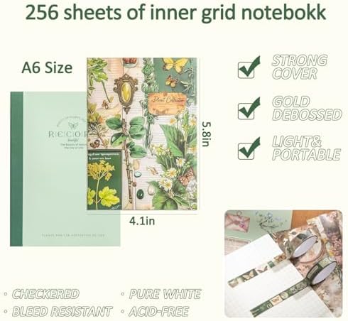 Scrapbooking Supplies Kit, Vintage Botanical Aesthetic Scrapbook Kit for Bullet Junk Journal, Stationery, A6 Grid Notebook, Flower DIY Journaling Supplies, Birthday Craft Gift for Women Craft Lover - Image 2