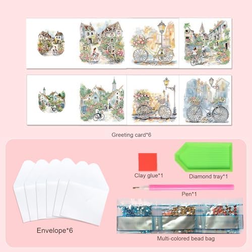 6 Pack Diamond Painting Gift Card Diamond Art Kits for Adults Birthday Wedding Anniversary Greeting Get Well Congratulations Thank You Cards with Envelopes || House Alley Bicycle - Image 3