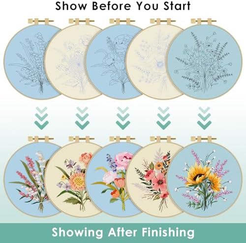 ERKOON Embroidery Kit for Beginners, 5 Sets Flower Cross Stitch Set for Adults Include Embroidery Cloth Hoops Threads for Craft Lover Hand Stitch with Skill Techniques (Bouquet) - Image 4