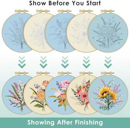 ERKOON Embroidery Kit for Beginners, 5 Sets Flower Cross Stitch Set for Adults Include Embroidery Cloth Hoops Threads for Craft Lover Hand Stitch with Skill Techniques (Bouquet) - Image 4