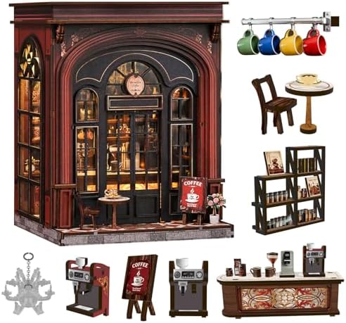 Sunny Cafe Dollhouse, DIY Miniature House Kit with LED Light for Adults Teens Beginners, Vintage Coffee Shop Book Nook Kit Bookshelf Decor, Creative DIY Craft Gift for Coffee Lovers Birthdays Holidays - Image 3