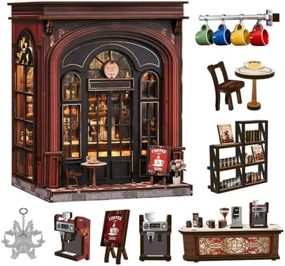 Sunny Cafe Dollhouse, DIY Miniature House Kit with LED Light for Adults Teens Beginners, Vintage Coffee Shop Book Nook Kit Bookshelf Decor, Creative DIY Craft Gift for Coffee Lovers Birthdays Holidays - Image 3