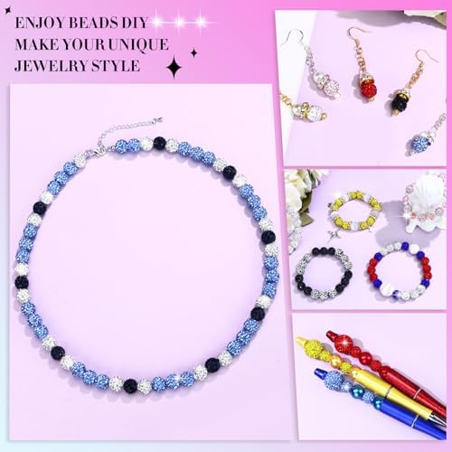 Dowarm 255PCS 10mm Rhinestone Beads for Baseball Rhinestone Necklace Bracelet Jewelry Making, Round Polymer Clay Beads for Crafts Beaded Pen, Shamballa Pave Diamond Bead, Ice Blue|White|Black - Image 5