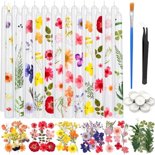MTLEE 30 Pack Pressed Flower Candles Making Kit 6 Set Dried Pressed Flowers 12 White Taper 10 White Tealight Candles with Tweezers Brush for DIY Crafts Birthday Wedding Party Favors by MTLEE