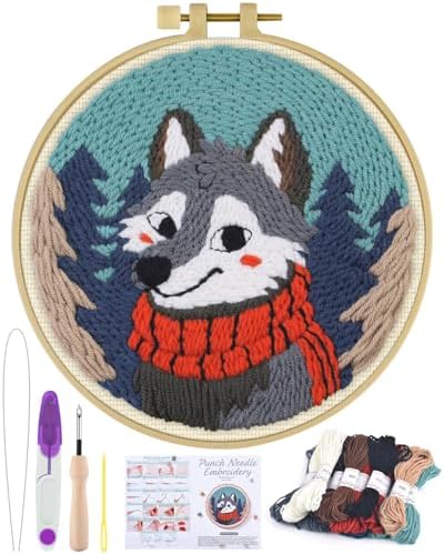 ERKOON Punch Needle Kit for Beginners Adults, DIY Easy Animal Embroidery Set for Starter Art Craft, Needling Punch Project with Patterns, Tools, Yarns, Hoop, Instruction (Wolf) by ERKOON