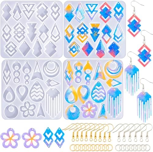 204Pcs Geometric Resin Earring Mold Kit - 4 Reusable Dual-Cavity Silicone Earring Molds for Epoxy Resin Jewelry Making with 200 Ear Hooks Jump Rings - Make Dangle Drop Charms, Keychains, Pendants by JHYlilia
