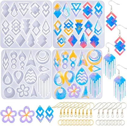 204Pcs Geometric Resin Earring Mold Kit - 4 Reusable Dual-Cavity Silicone Earring Molds for Epoxy Resin Jewelry Making with 200 Ear Hooks Jump Rings - Make Dangle Drop Charms, Keychains, Pendants by JHYlilia