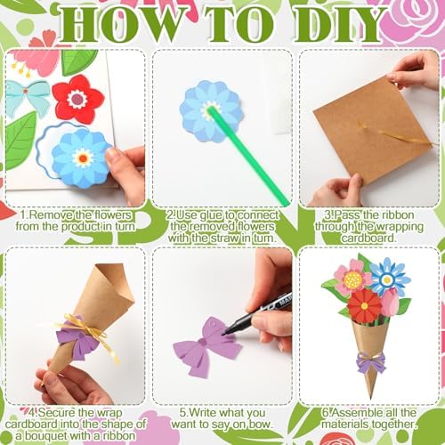 Motipuns 48 Set Spring Bouquet Flower Craft Kit Mother's Day DIY Flower Bow Paper Crafts Colorful Bouquets Make Your Own Teacher Appreciation Gifts for Spring Handmade Project Home Activities - Image 4