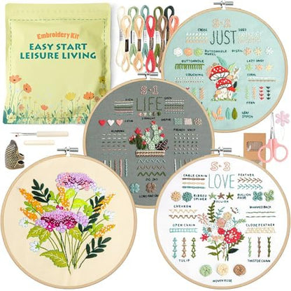 LX LERMX Embroidery Kit for Beginners Adults, 34 Stitch Techniques with Floral Patterns, Complete DIY Kit with Stamped Patterns, Hoop, Colorful Threads, Tools (Pattern 1) by LXLERMX