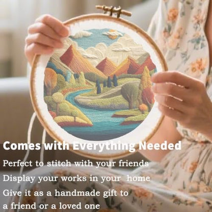 FONNUY Embroidery Kit for Beginners, Brightly Colored Landscape Lake Pre-Stamped Pattern Kits for Adults with Hoop, Easy to Follow Color Thread Needlework, 8'' Hoop (Blue) - Image 3