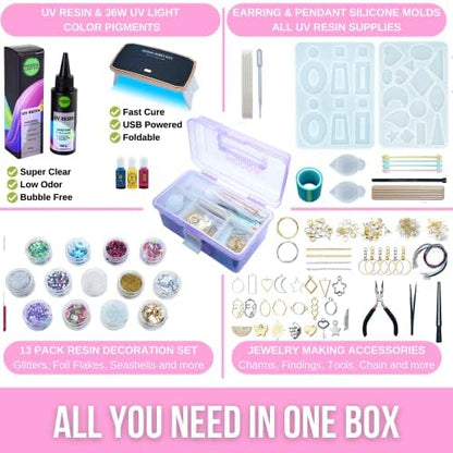 MODDA UV Resin Jewelry Making Kit, UV Lamp & Video Course Included, DIY Resin Kit for Adults, Teen Girls, Beginners with Molds, Glitters & Accessories - Image 4