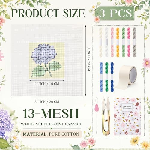 Chumia 3 Pcs Flower Needlepoint Canvas Kit for Adult 13ct 8x8" - Image 2