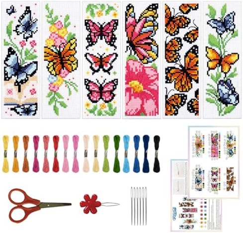 ORIGACH 6 Set Butterfly & Flower Cross Stitch Bookmark Kit for Beginner by ORIGACH