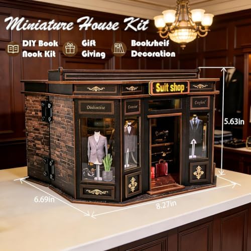 Book Nook Kit LED Wooden Miniature Suit Shop, 3D DIY Dollhouse Assembly Model with Crafted Interior, Creative Hobby Building Set for Adults - Image 2
