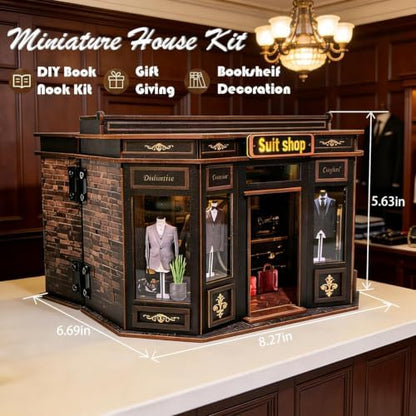 Book Nook Kit LED Wooden Miniature Suit Shop, 3D DIY Dollhouse Assembly Model with Crafted Interior, Creative Hobby Building Set for Adults - Image 2