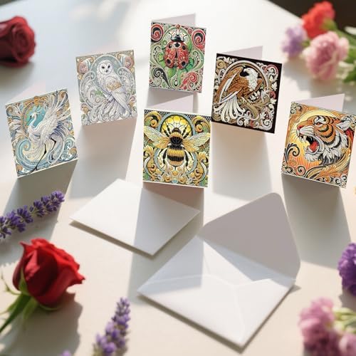 6 Pack Animal Diamond Art Greeting Cards with Envelopes, DIY 5D Diamond Painting Card Kit Featuring Phoenix Owl Bee Eagle Ladybug and Tiger, Handmade Rhinestone Craft Cards for Birthday and Holiday - Image 6