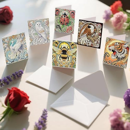 6 Pack Animal Diamond Art Greeting Cards with Envelopes, DIY 5D Diamond Painting Card Kit Featuring Phoenix Owl Bee Eagle Ladybug and Tiger, Handmade Rhinestone Craft Cards for Birthday and Holiday - Image 6