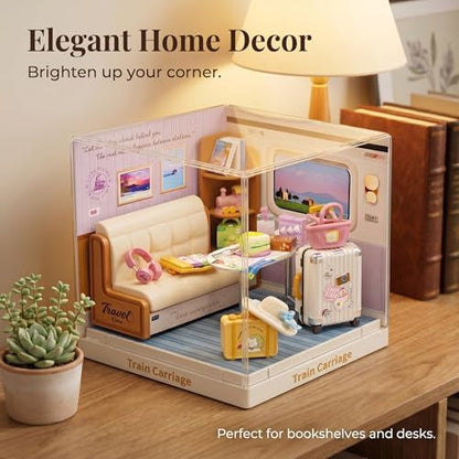Train Carriage Miniature House Kit, Plastic DIY Dollhouse with Cozy Sofa & Travel Gear, Stackable Transparent Dust Cover, Creative Desktop Decor for Adults Teens - Image 6