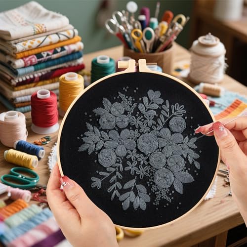 Crafmanoe Embroidery Kits for Beginners Adults, Black Flowers Embroidery Starter Kits, Counted Cross Stitch Kits for Beginners Adults Hobbies Set for Women, Embroidery Hoops, Thread and Video Tutorial - Image 4