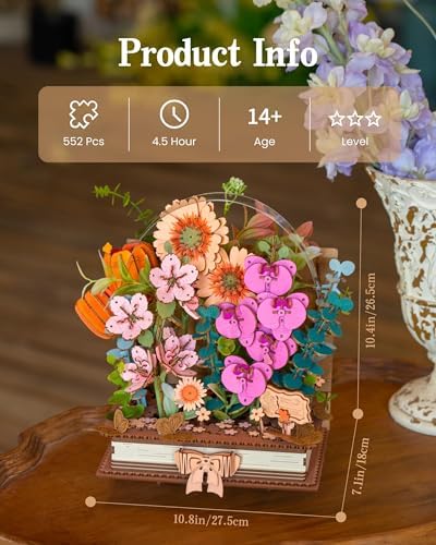 ROBOTIME 3D Wooden Blooming Book Garden DIY Kit, Flowers Building Set, Adult Creative Craft & Home Decor Puzzle, Unique Gift for Women, Mom, Plant/Book Lovers - Image 4