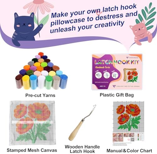 veirousa Poppy Flowers Latch Hook Pillow Kits for Adults Beginners - Image 3