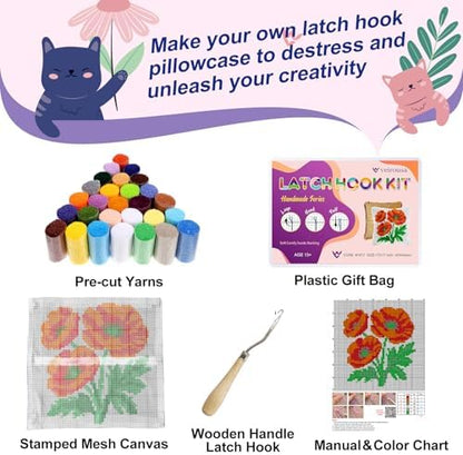 veirousa Poppy Flowers Latch Hook Pillow Kits for Adults Beginners - Image 3
