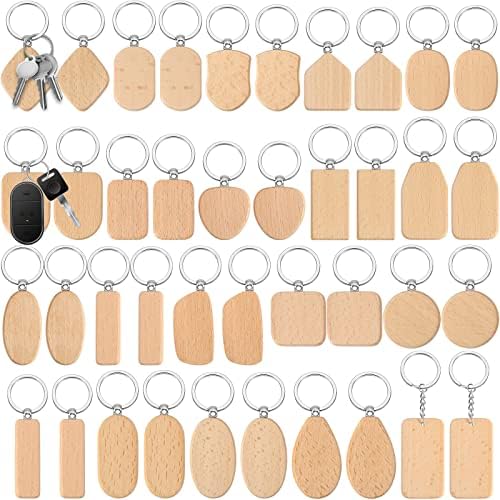 Cunno 40 Pcs Wood Keychain Blanks Unfinished Key Ring, Assorted Shapes by Cunno