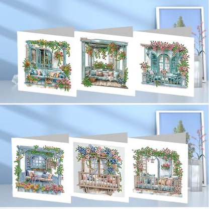 6 Pcs Window Terrace Sofa Flower Diamond Art Greeting Cards for Adults & Beginners, DIY Crystal Rhinestone Gem Art Painting Kit with Envelopes, Creative Craft Gift for Birthday Wishes Party Favors - Image 7