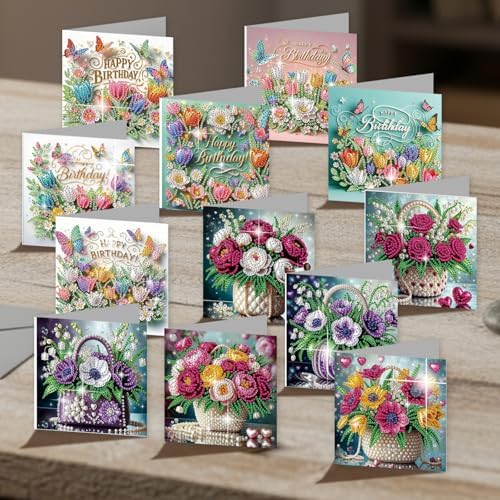 C'eitura 12Pcs Flower Bouquet Diamond Art Painting Greeting Card Kit with Envelopes, DIY Floral Christmas Birthday Thanksgiving Card Making Set, Elegant Handmade Card Craft - Image 3