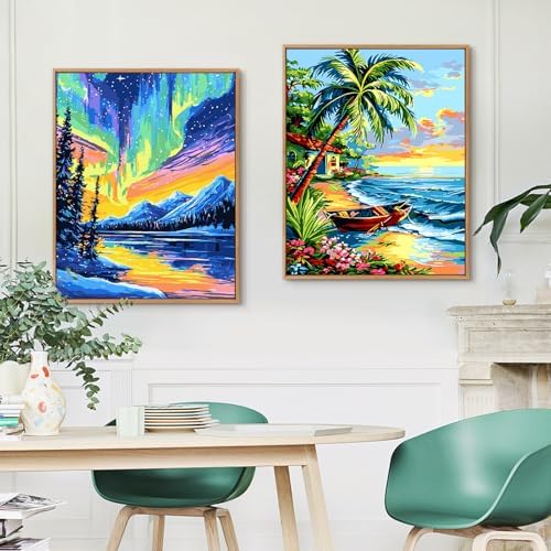 Yunnuo Landscape Paint by Numbers Kit for Adults Beginner,Beach Adult Paint by Numbers on Canvas with Acrylic Paint and 3 Brush,Cottage-Wooden Boat Painting by Numbers for Home Decor Gifts(20x16 inch) - Image 4