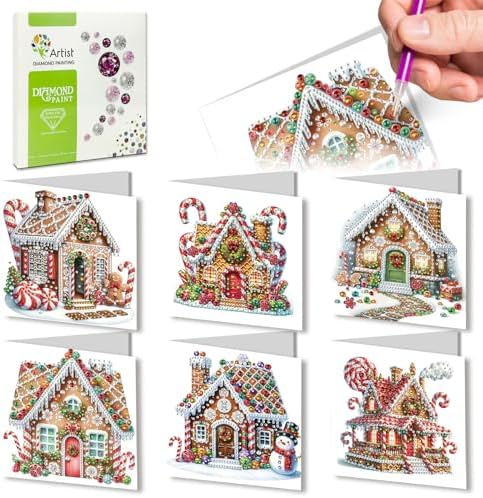 6Pcs Christmas Greeting Card DIY Diamond Art Painting Greeting Cards Special Shaped Diamond Blessing Folding Card Kit Arts Crafts for Birthday Festival-Gingerbread House by BAYUNOESparkDiamondCraft