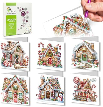6Pcs Christmas Greeting Card DIY Diamond Art Painting Greeting Cards Special Shaped Diamond Blessing Folding Card Kit Arts Crafts for Birthday Festival-Gingerbread House by BAYUNOESparkDiamondCraft