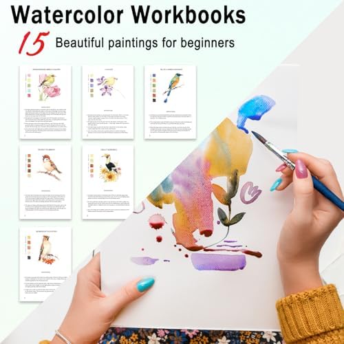 Watercolor Workbooks for Adults Beginners & Teens, 16 Colors 15 Beautiful Paintings, Pre-Outlined Designs, Easy Watercolor Art Book（Without Palette Bird） - Image 2