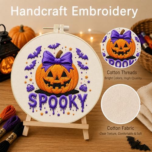 DIYDeligths Halloween Embroidery Kit for Beginners Adults Hand Needlepoint Craft Complete Featuring Pre Printed Pattern 7.87in Hoop Needles Threads and Guide for Craft Lovers (Pumpkin) - Image 3