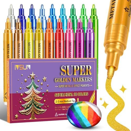 IVSUN Metallic Markers, 18 Colors Glitter Acrylic Gold Paint Pens by IVSUN